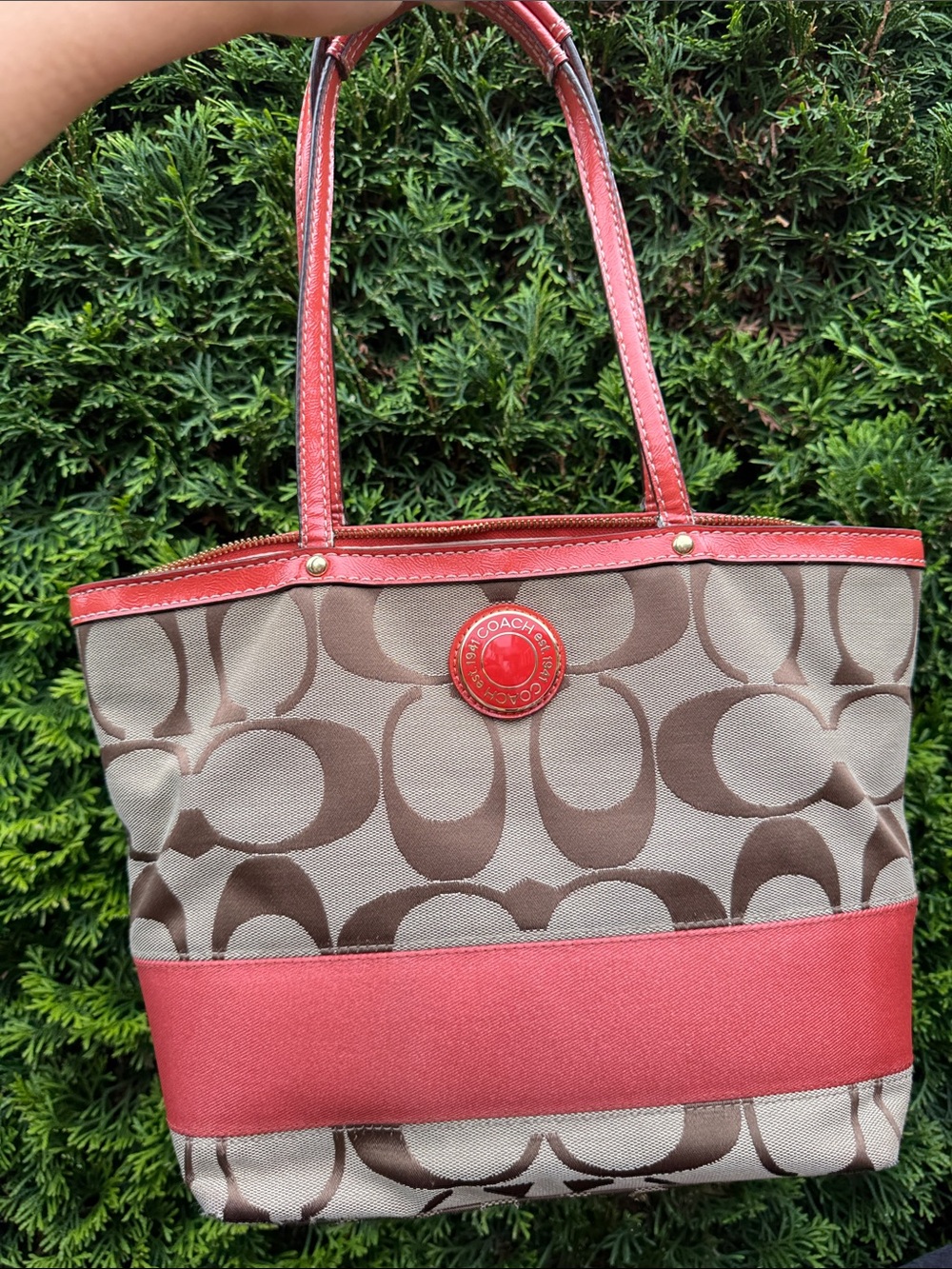 Coach Brown Signature Tote with Coral Trim